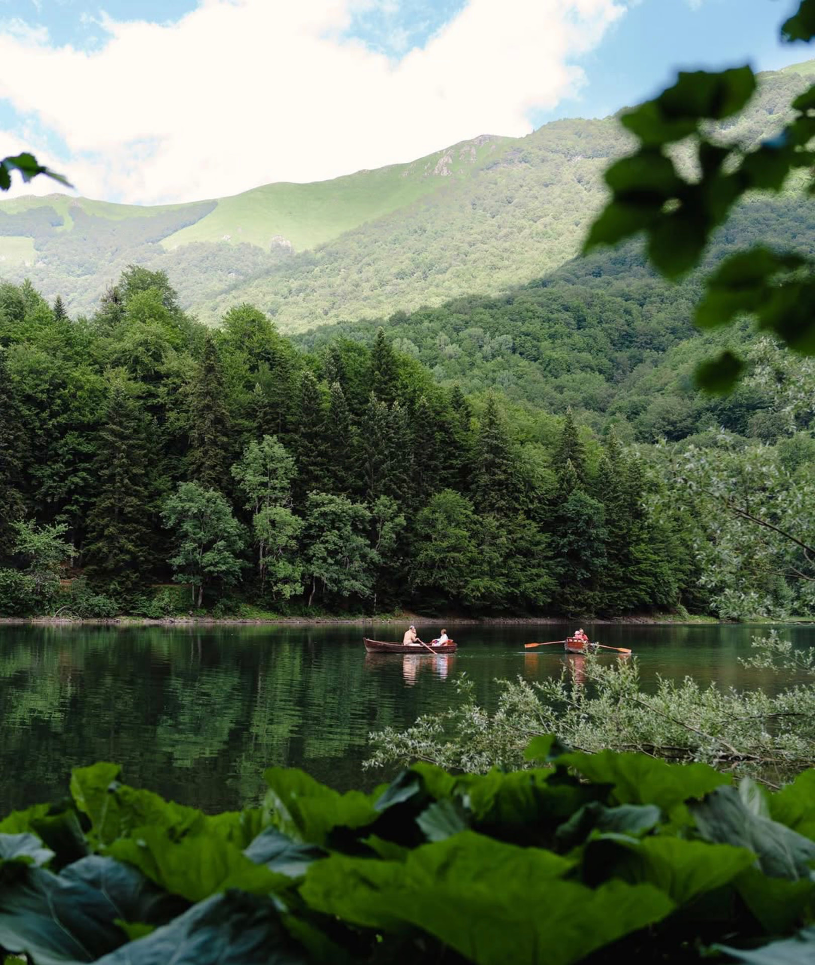 Rowing boats on Biogradsko Lake surrounded by forest and mountains